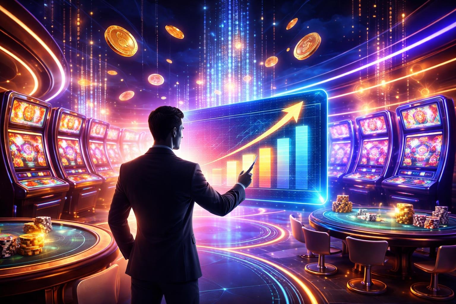 Seseorang bermain di kasino online dengan mesin slot digital dan grafik naik yang menunjukkan peluang menjadi kesempatan untuk maju.