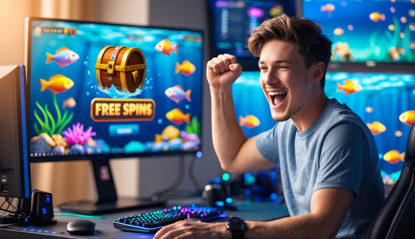 Seorang pria muda sedang duduk di depan komputer dengan ekspresi senang, merayakan kemenangan besar dalam permainan tembak ikan online dengan latar belakang grafis ikan berwarna-warni.