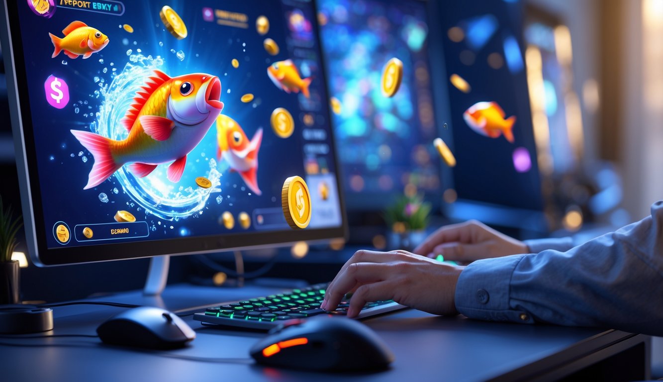 Seorang pemain sedang bermain game tembak ikan online di depan komputer dengan layar menampilkan ikan warna-warni dan simbol jackpot.