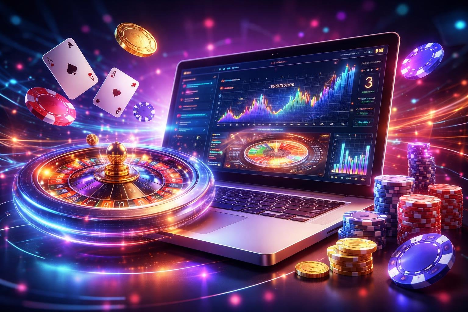 Adegan sebuah perangkat digital menampilkan permainan kasino online dengan elemen seperti roda roulette, chip poker, dan kartu yang melayang, menggambarkan strategi dan peluang dalam bermain kasino online.