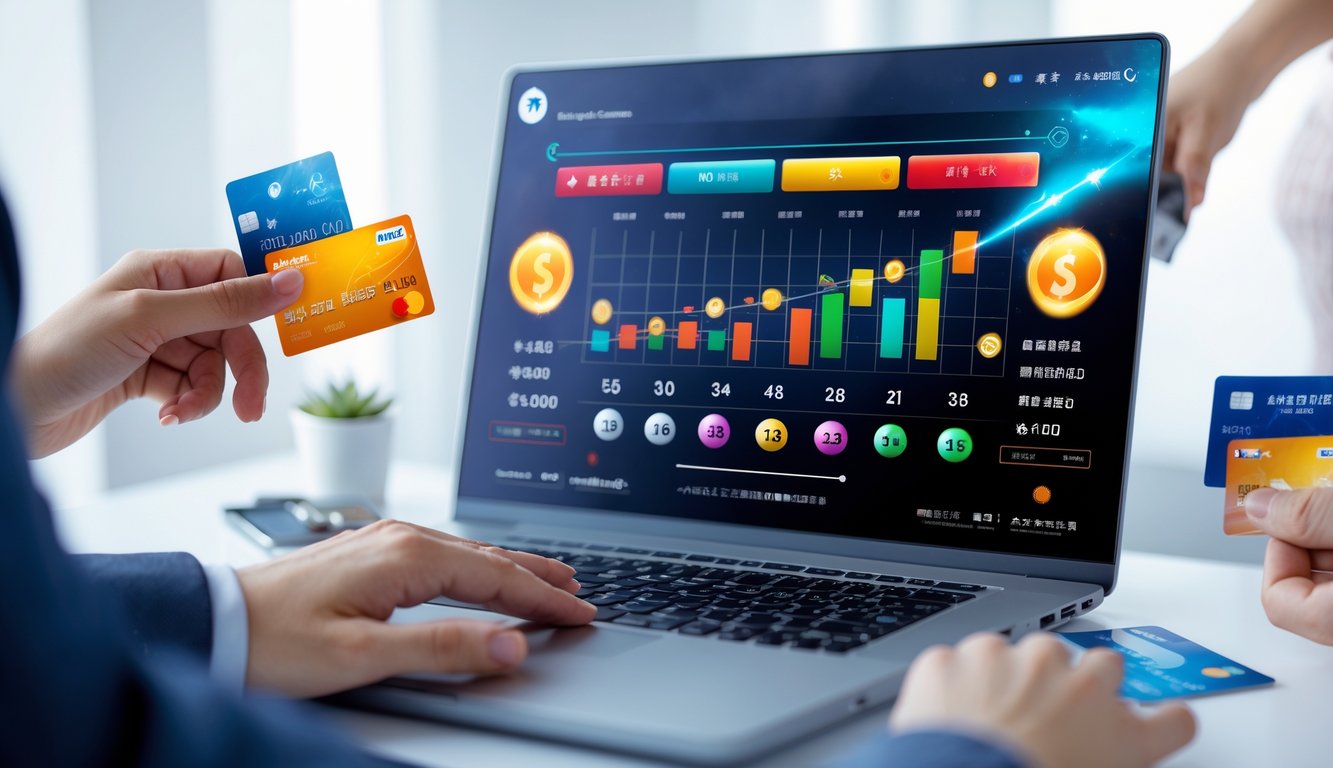 Seseorang menggunakan komputer dengan tampilan platform togel online, dikelilingi oleh elemen pembayaran digital dan kartu kredit.