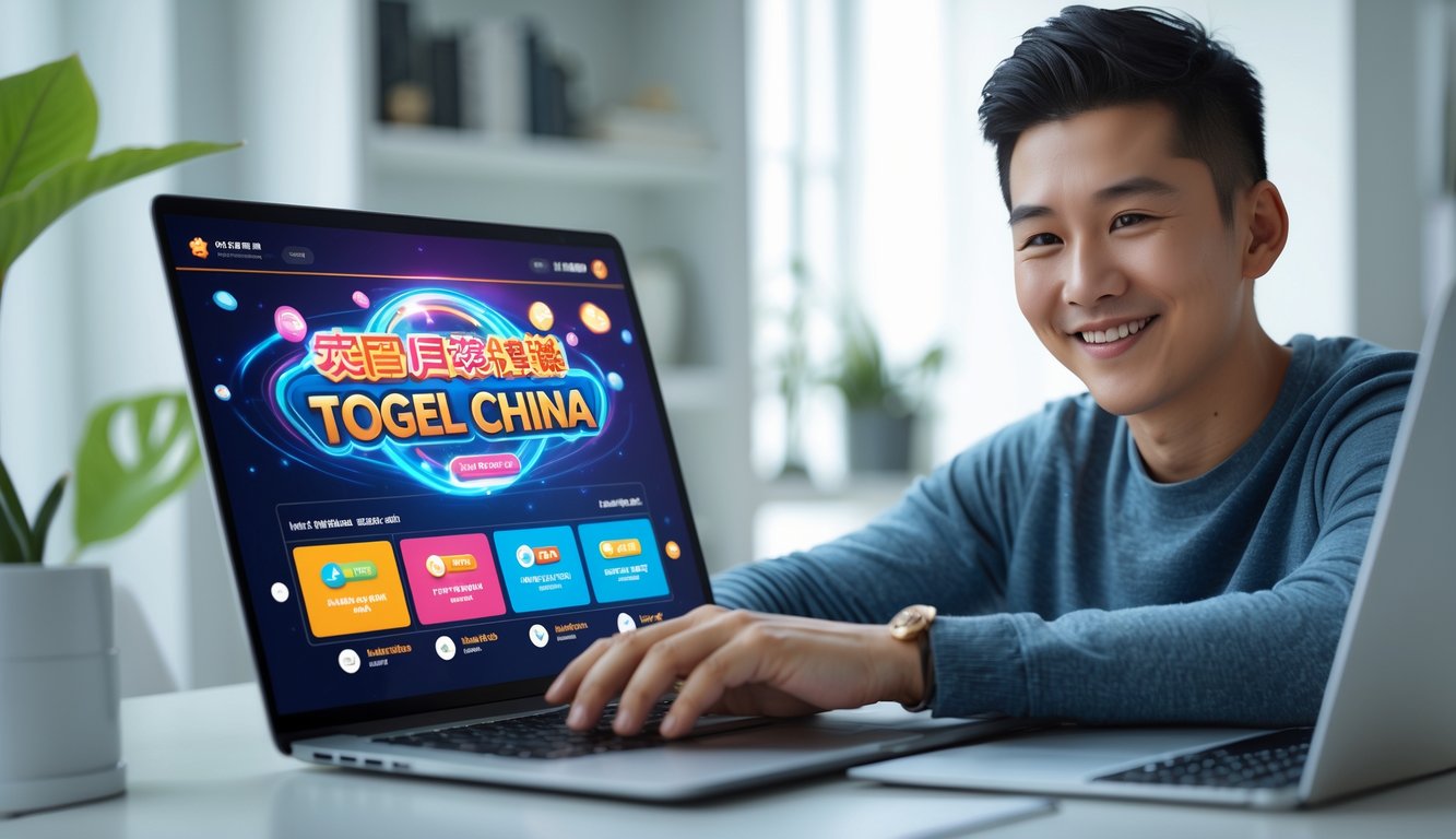 Seorang dewasa muda tersenyum menggunakan laptop di ruang kerja modern dengan tampilan platform togel China online di layar.