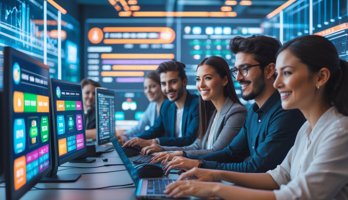 Sekelompok orang muda sedang menggunakan komputer di kantor modern dengan layar menampilkan angka dan grafik terkait permainan togel online.