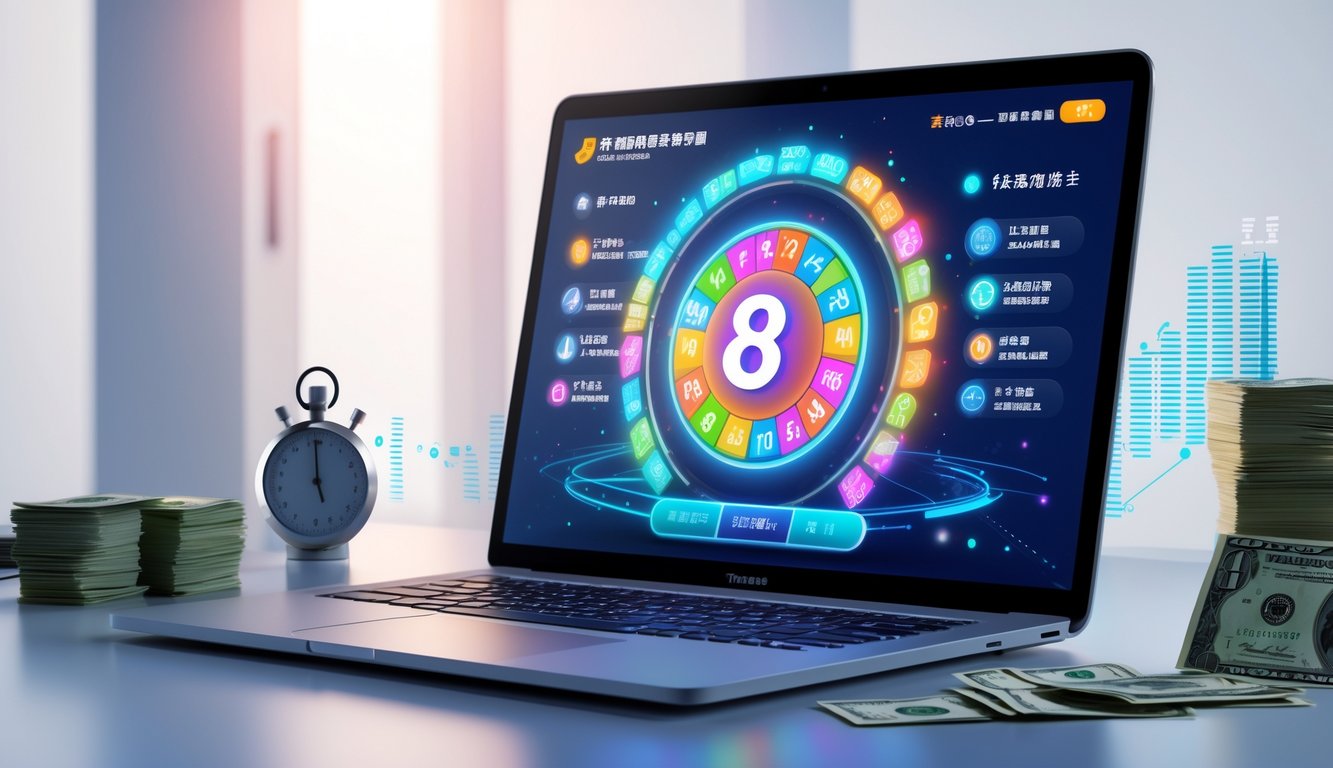 Meja kerja modern dengan laptop yang menampilkan antarmuka permainan togel online, dikelilingi oleh simbol kecepatan dan keandalan seperti stopwatch dan tumpukan uang.