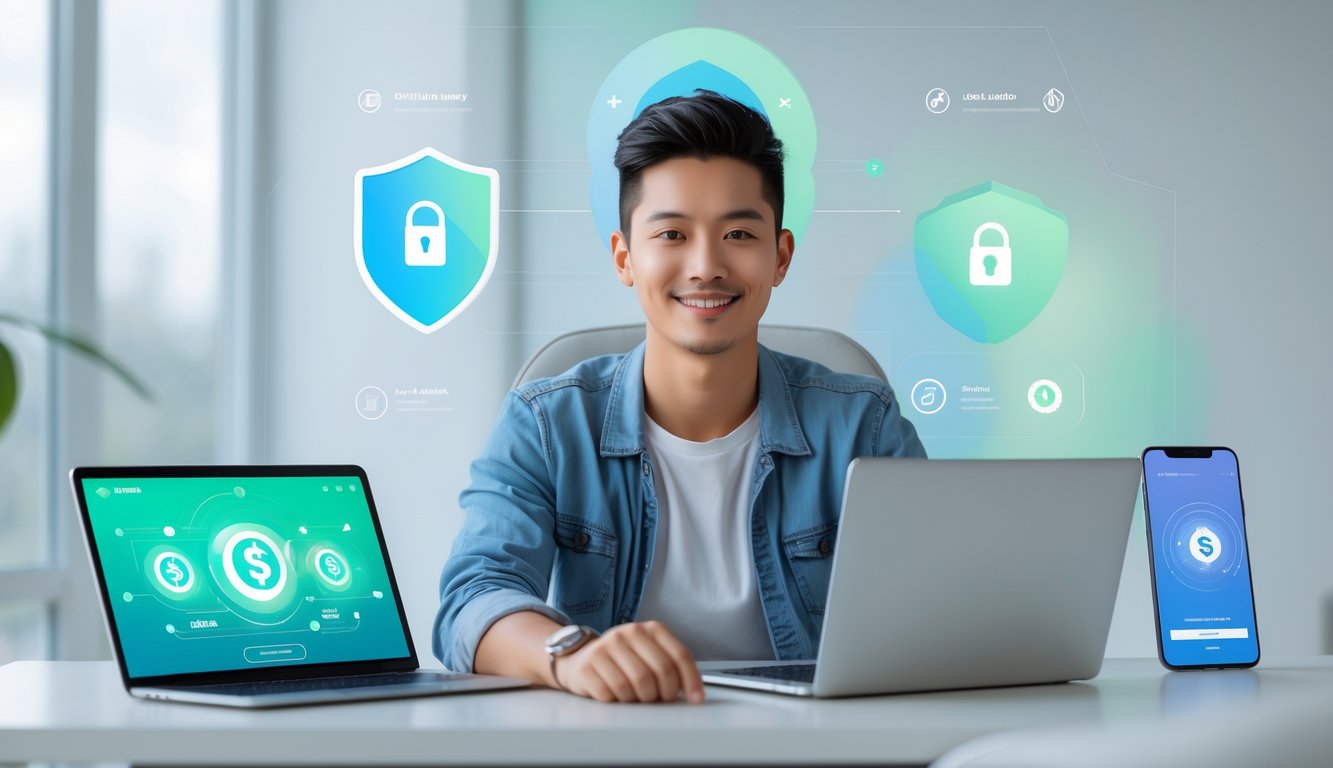 Seseorang duduk di meja dengan laptop dan ponsel, menunjukkan suasana platform togel online yang aman dan cepat.