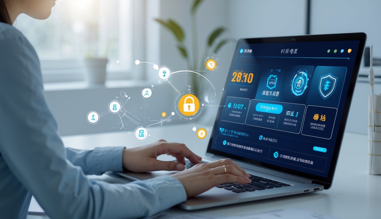 Seseorang menggunakan laptop di meja kerja modern dengan simbol keamanan digital di latar belakang, menggambarkan platform togel online yang aman dan cepat.