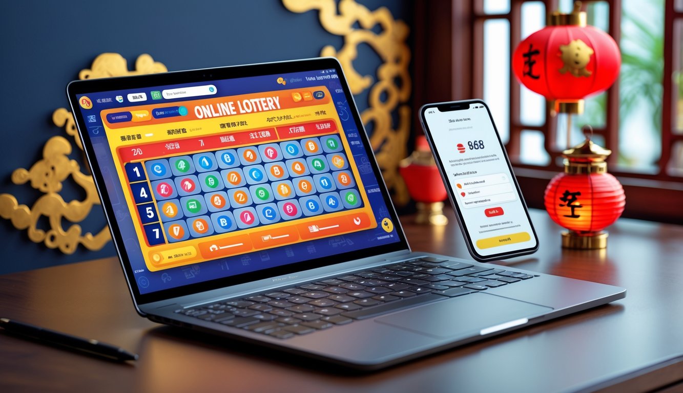 Meja kerja modern dengan laptop menampilkan antarmuka lotere online dan ponsel yang menunjukkan konfirmasi pembayaran.