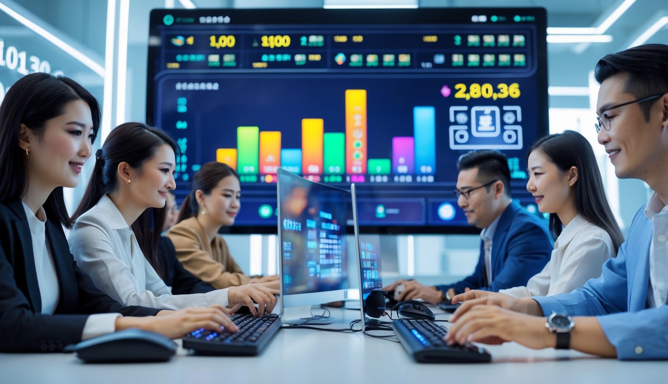 Orang-orang yang sedang menggunakan komputer di ruang kerja modern dengan tampilan grafik dan angka terkait lotere online.