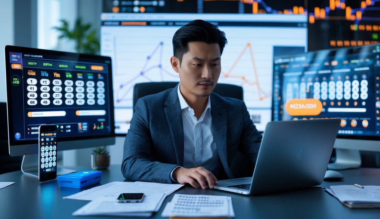 Seorang pria Asia di kantor modern sedang menggunakan komputer dan ponsel dengan tampilan angka lotre dan aplikasi pembayaran.