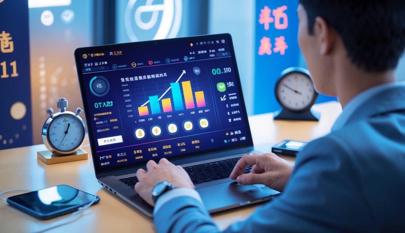 Seseorang menggunakan laptop dengan tampilan platform togel online China, dikelilingi simbol pembayaran cepat dan elemen teknologi di ruang kerja yang terang.