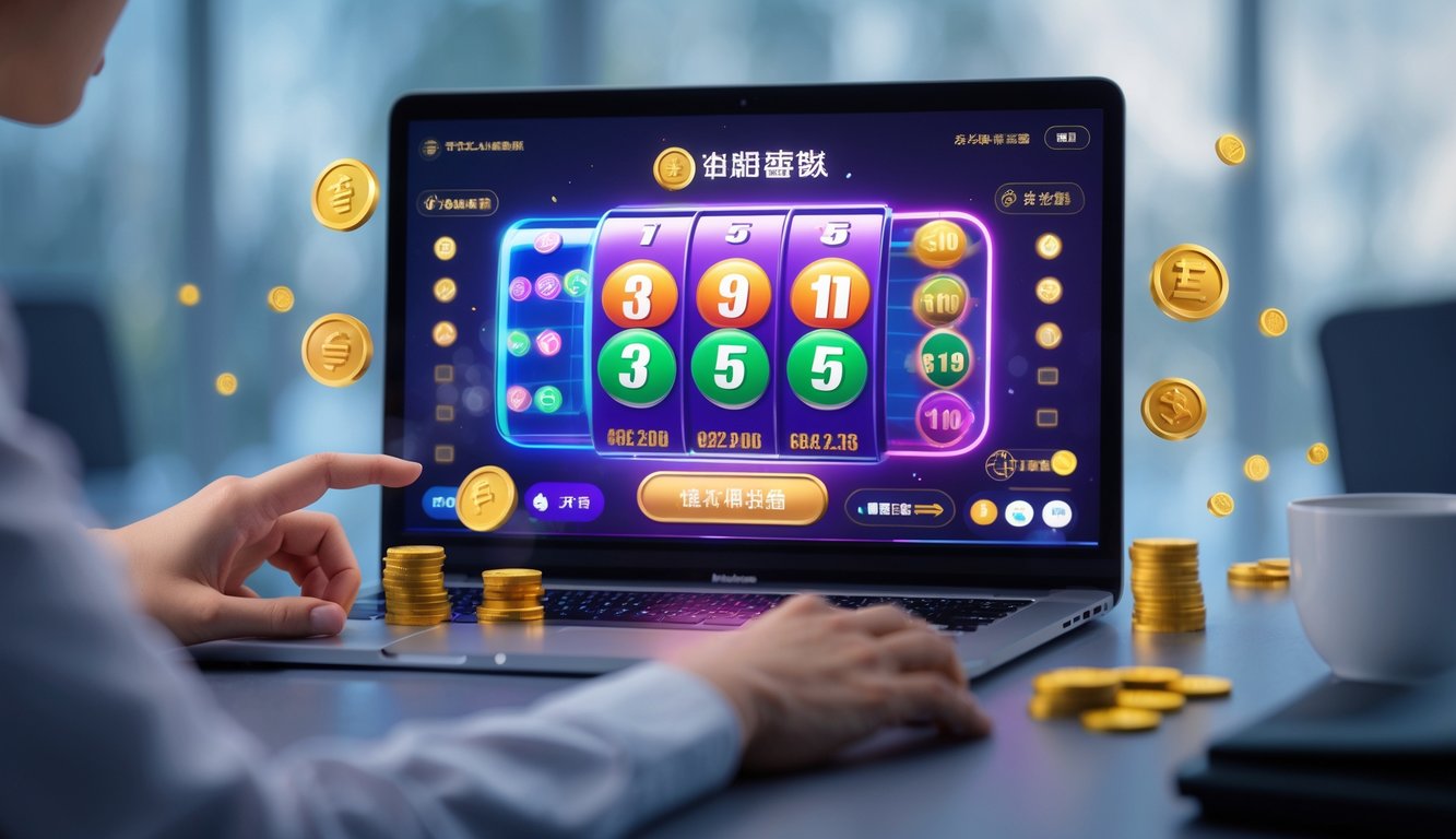 Seseorang menggunakan ponsel dengan tampilan layar permainan togel online yang menunjukkan simbol jackpot dan elemen yang menggambarkan kecepatan dan kepercayaan.