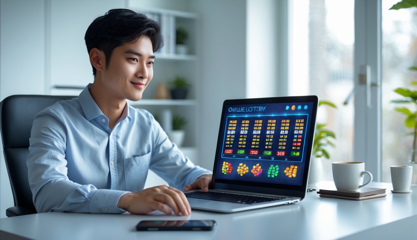 Seorang pria muda Asia duduk di meja kerja dengan laptop, fokus melihat layar dalam ruangan kantor rumah yang terang dan rapi.