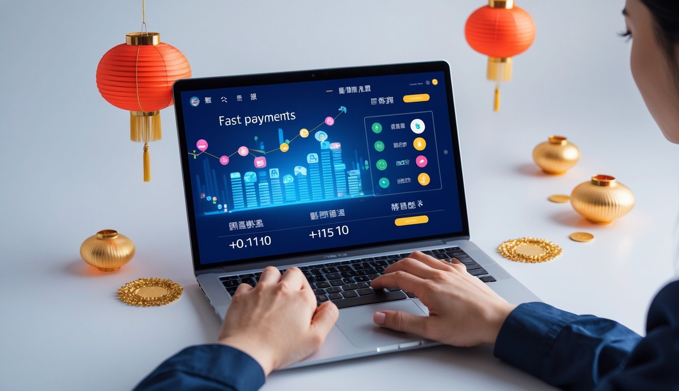 Seseorang sedang menggunakan laptop di meja kerja yang bersih dengan tampilan antarmuka digital terkait platform togel online, dikelilingi oleh elemen budaya Asia.