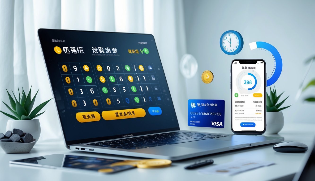Seorang profesional menggunakan laptop dengan tampilan angka lotre dan perangkat pembayaran cepat di meja kerja yang rapi.