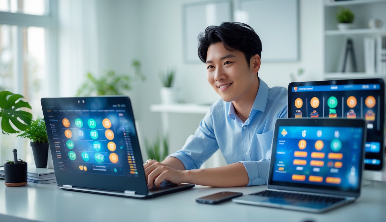 Seorang pria Asia muda duduk di meja kerja dengan laptop dan ponsel, fokus melihat layar yang menampilkan grafik dan data terkait permainan online.