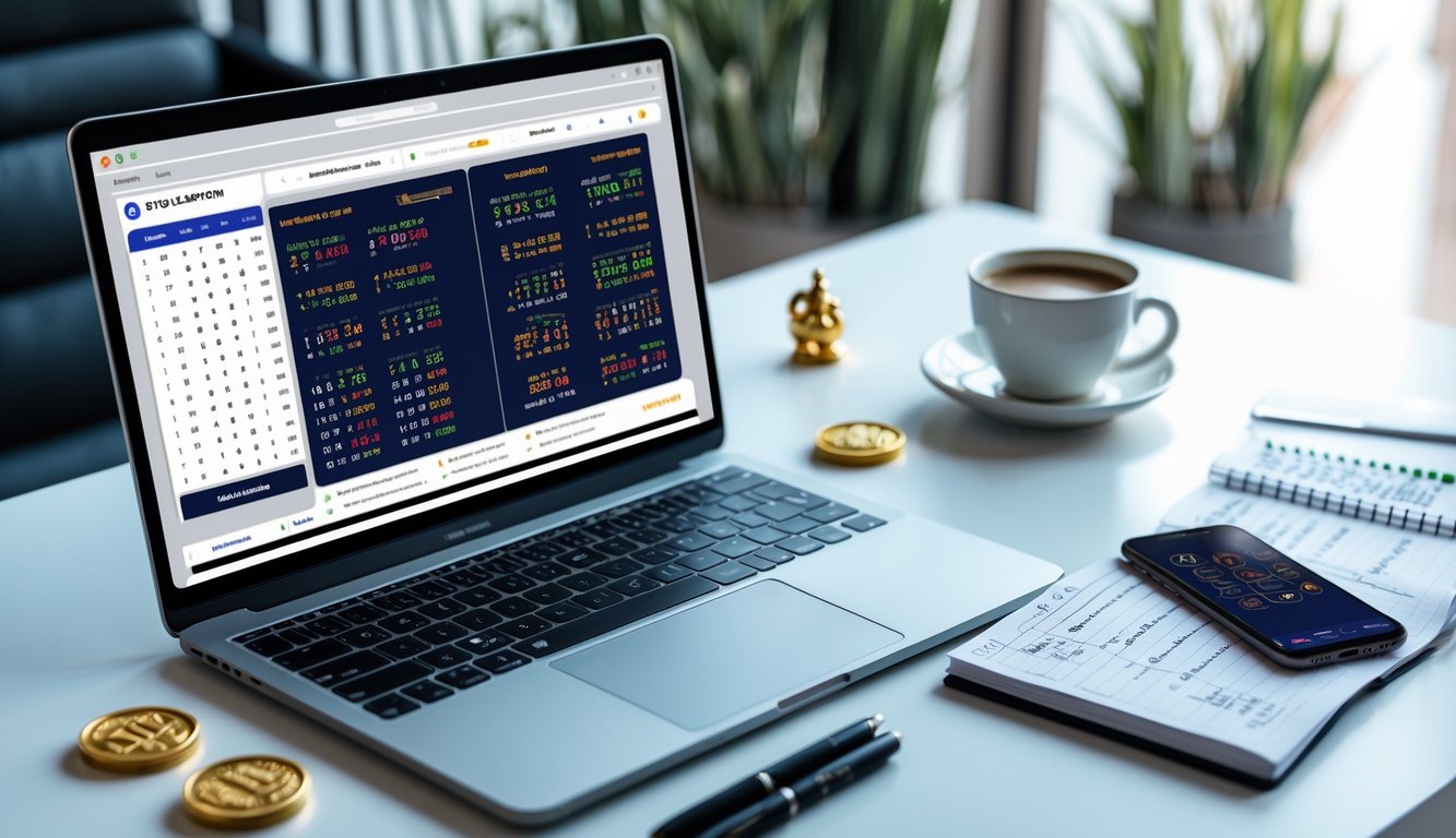 Meja kerja dengan laptop, smartphone, dan catatan yang menunjukkan aktivitas strategi menang di platform togel online.