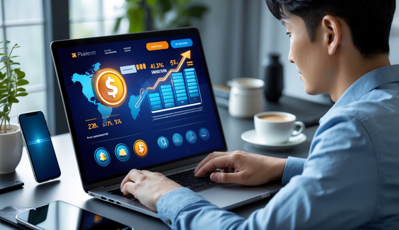 Seorang pria muda Asia menggunakan laptop di ruang kerja modern dengan antarmuka platform perjudian online yang menampilkan proses deposit dan penarikan cepat.