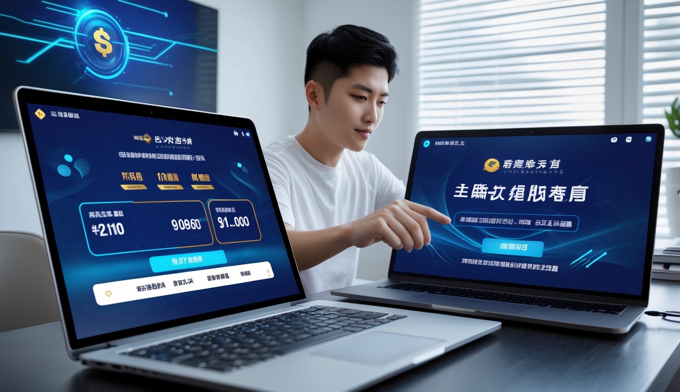 Seorang pengguna muda sedang menggunakan laptop dan ponsel di ruang kerja modern, menunjukkan proses deposit dan penarikan cepat pada platform togel online.