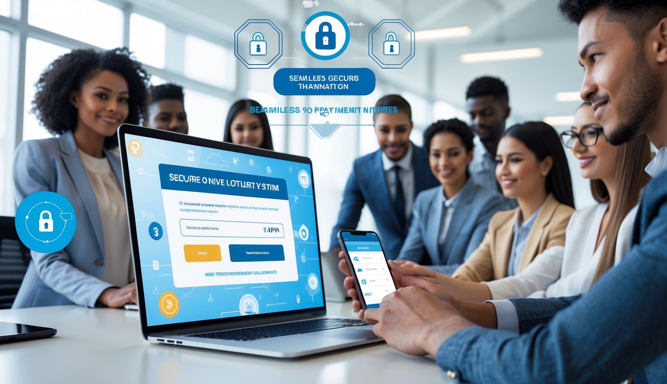 Sekelompok orang muda menggunakan laptop dan ponsel di kantor modern dengan latar belakang yang menunjukkan teknologi dan keamanan digital.