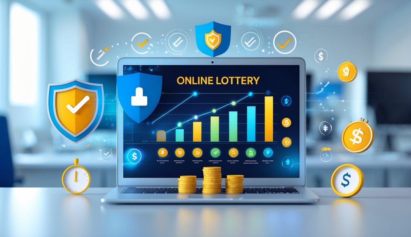 Seorang profesional menggunakan laptop di kantor modern yang menampilkan konsep keamanan dan pembayaran cepat pada platform lotere online.