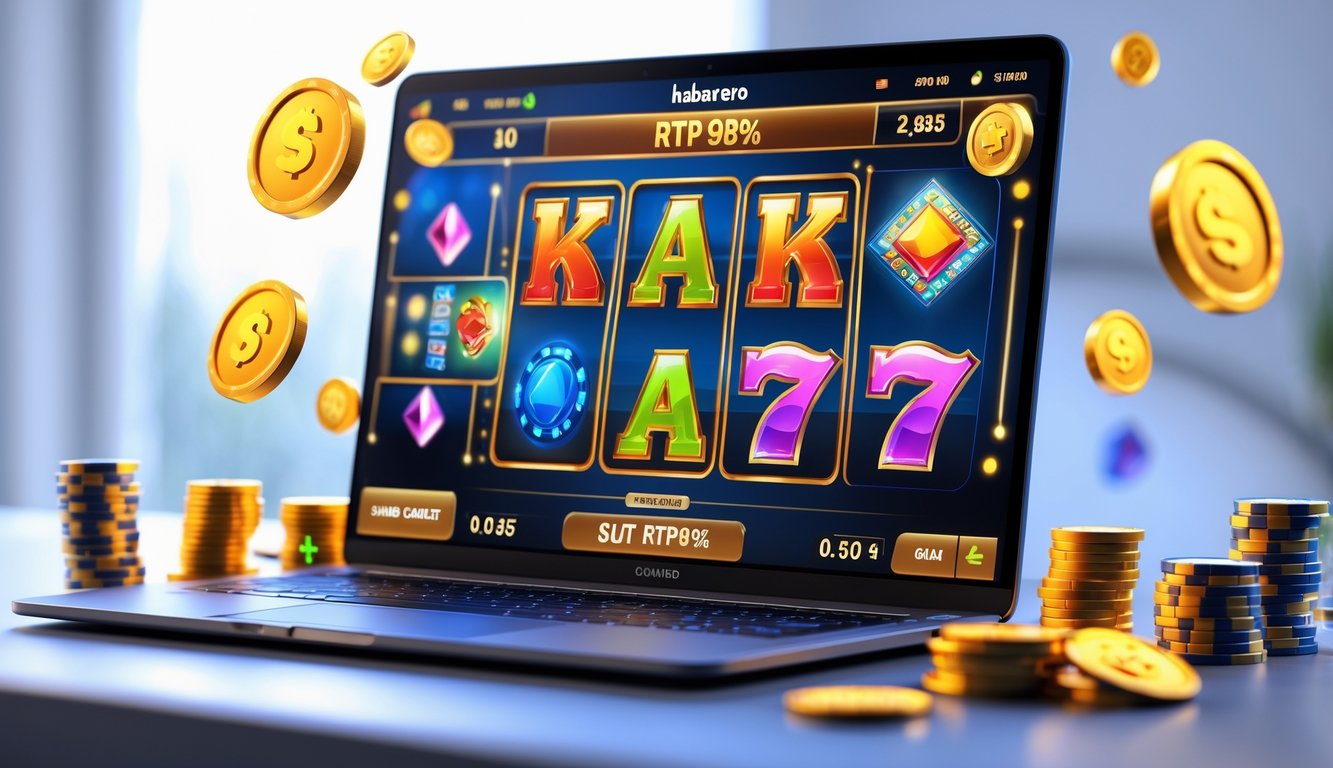 Layar komputer menampilkan permainan slot online dengan koin dan tumpukan chip kasino di sekitarnya.