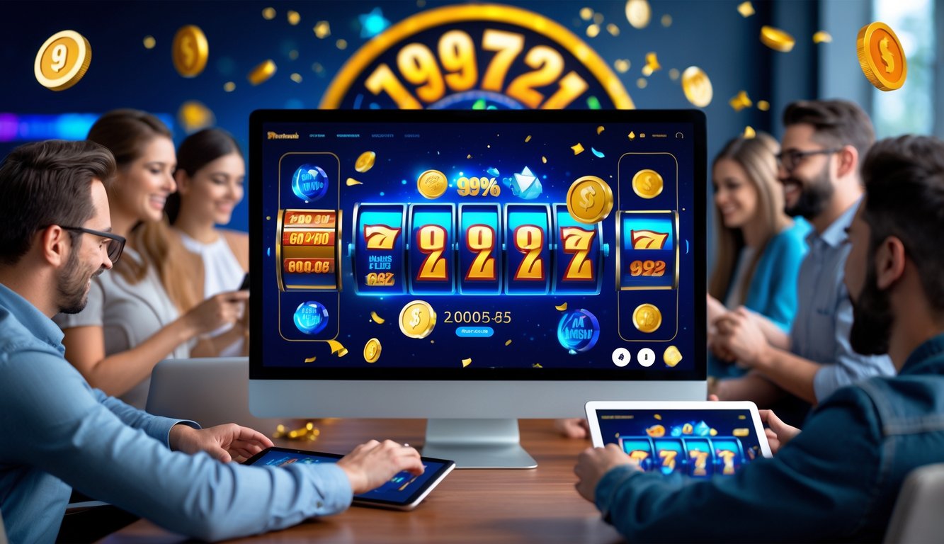 Orang-orang menggunakan perangkat digital untuk bermain mesin slot online dengan tampilan grafik yang cerah dan simbol kemenangan.