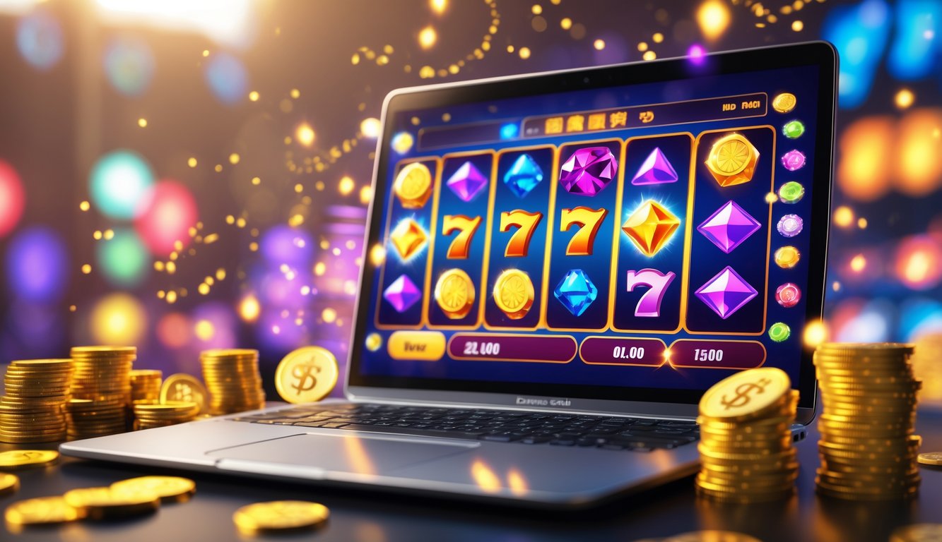 Seseorang bermain permainan slot online di laptop dengan latar belakang koin dan chip kasino yang bersinar.