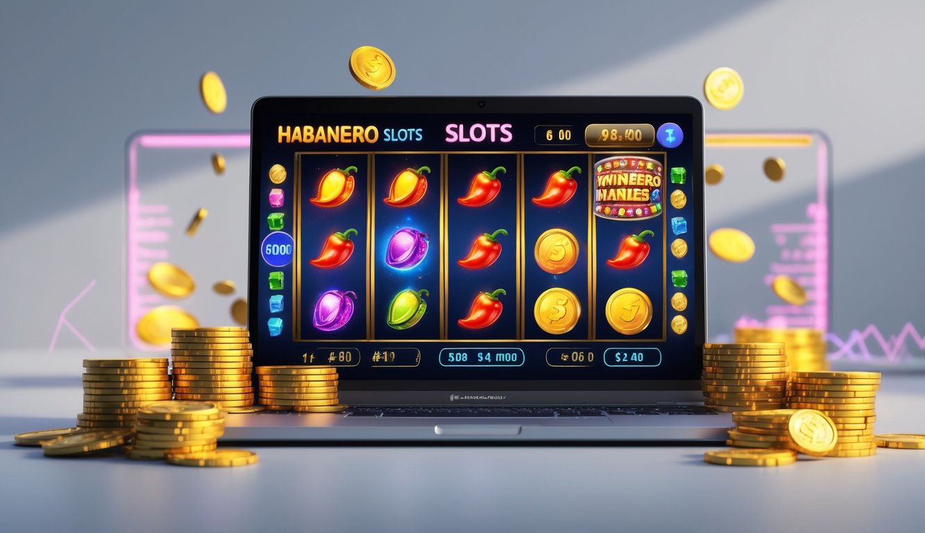 Sebuah perangkat komputer menampilkan permainan slot Habanero dengan simbol koin dan jackpot, dikelilingi oleh tumpukan chip kasino dan koin bersinar.