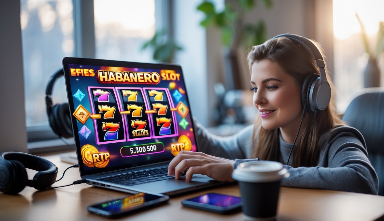 Seorang pemula sedang bermain permainan slot online di laptop di ruang kerja rumah yang nyaman.