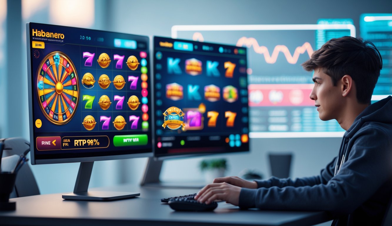 Seorang pemain muda fokus menggunakan komputer dengan tampilan permainan slot Habanero yang berwarna-warni di layar.