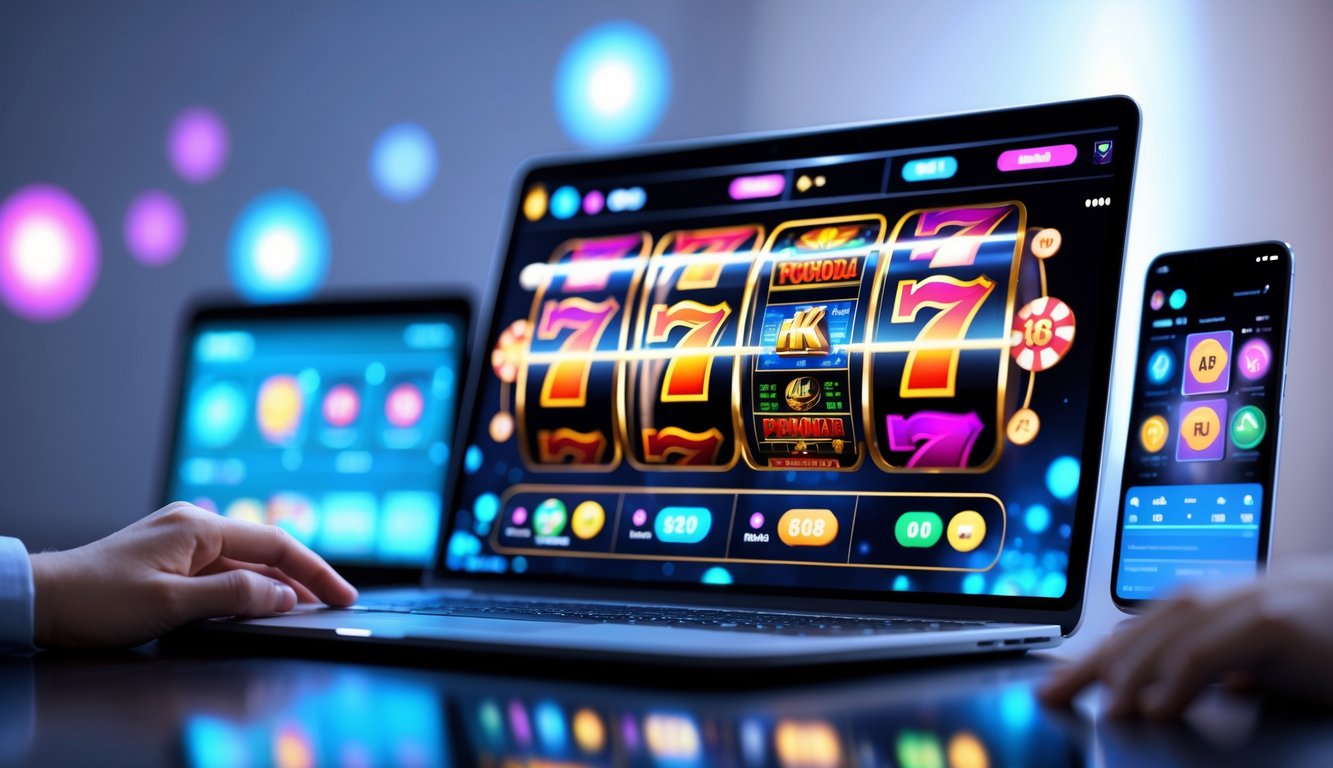 Sebuah layar komputer menampilkan permainan mesin slot yang berwarna-warni dengan latar belakang yang samar dan perangkat digital lain di sekitarnya.