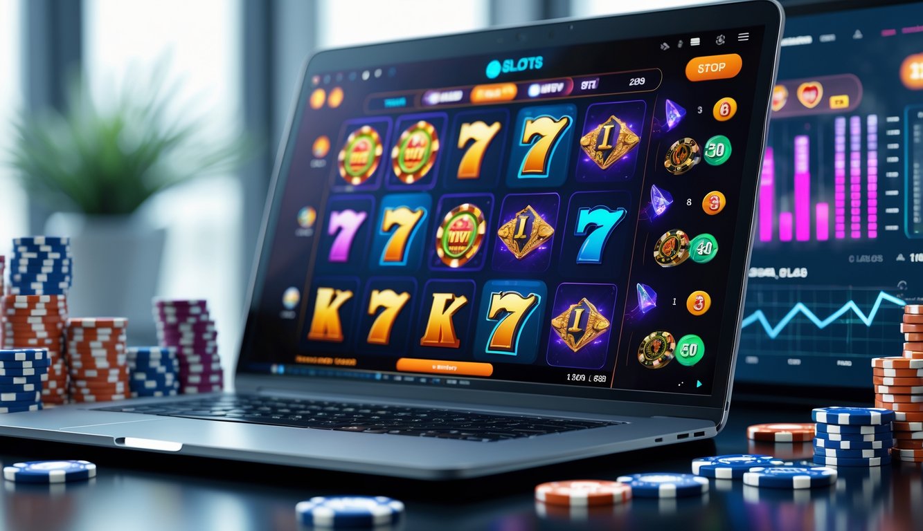 Seorang pria menggunakan laptop dan smartphone dengan tampilan permainan slot berwarna-warni di meja kerja yang rapi.