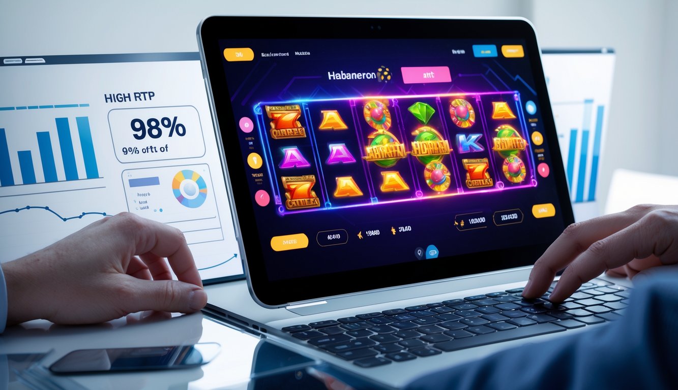 Seseorang menggunakan laptop dengan permainan slot online berwarna cerah dan grafik yang menampilkan simbol mesin slot, dikelilingi oleh elemen yang menggambarkan strategi dan RTP tinggi.