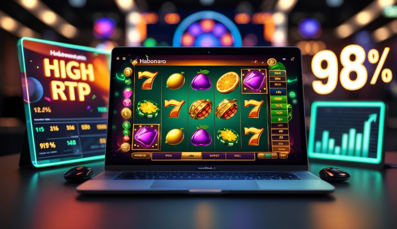 Seorang pemain duduk di depan komputer dengan layar menampilkan permainan slot berwarna-warni dan grafik strategi di sekitarnya.