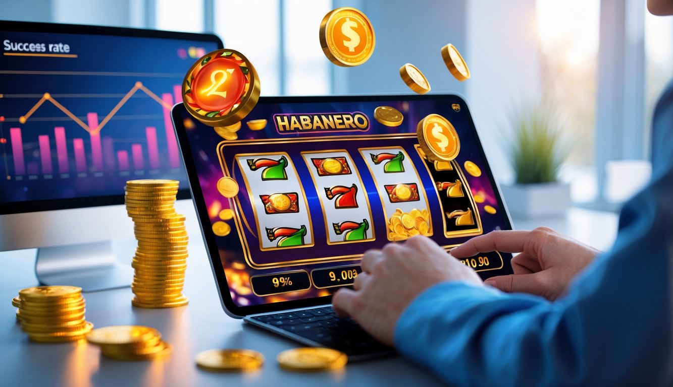 Seseorang menggunakan perangkat digital dengan tampilan mesin slot berwarna cerah dan ikon cabai habanero, koin emas, serta grafik keberhasilan di latar belakang.