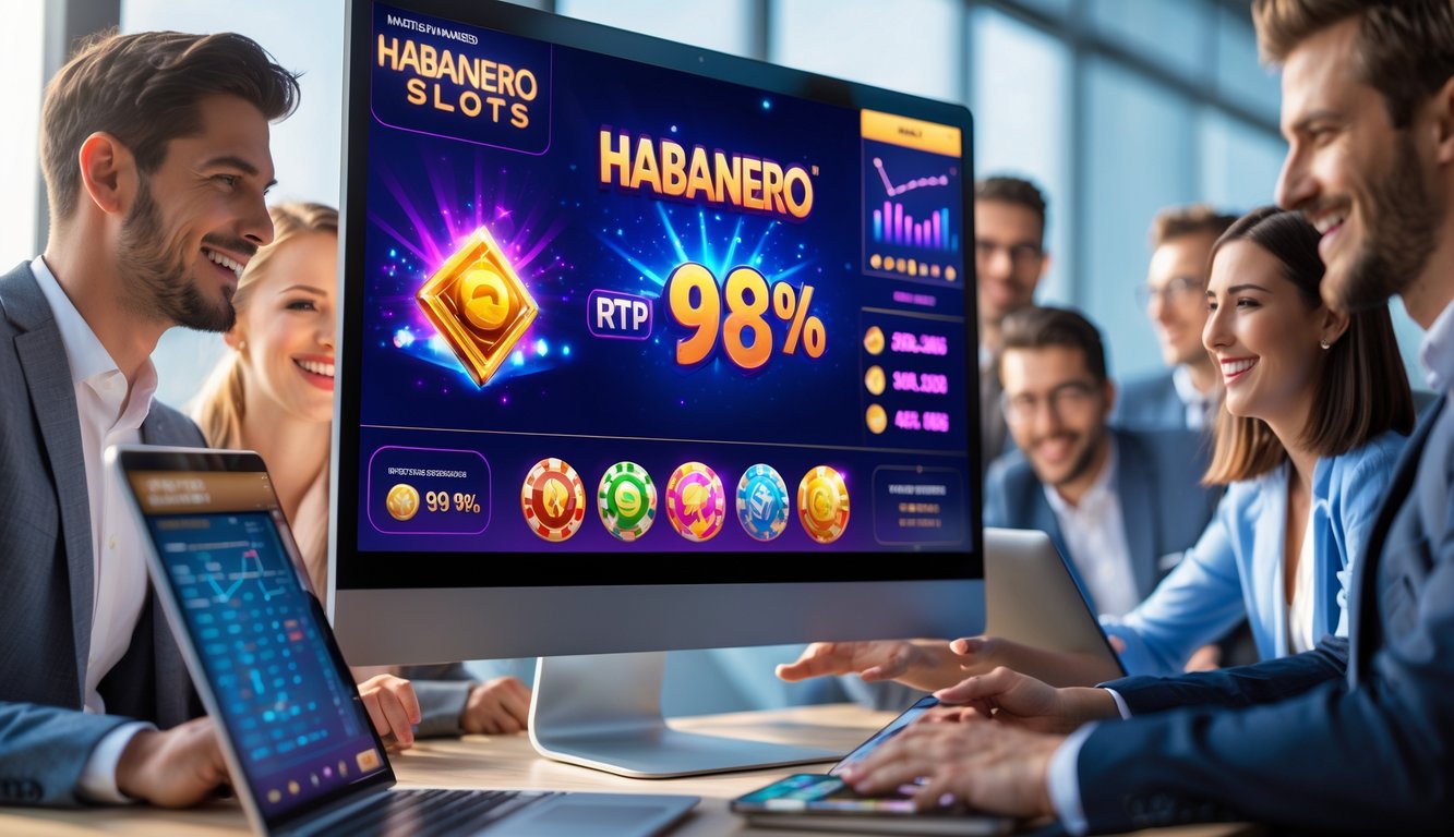 Seorang profesional muda melihat layar komputer besar yang menampilkan permainan slot warna-warni dengan suasana kantor modern dan rekan kerja yang tersenyum di latar belakang.