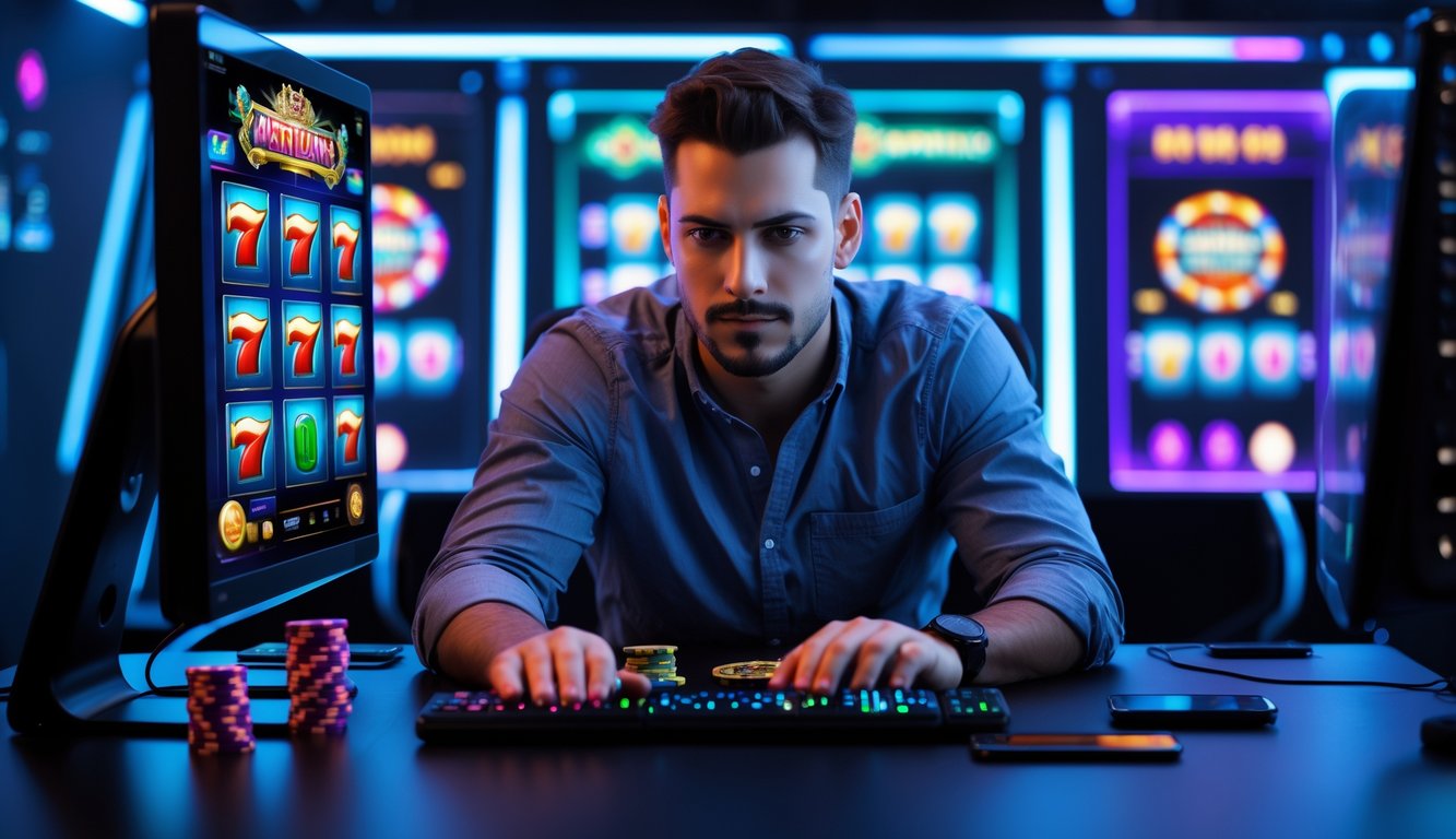 Seorang pria fokus bermain mesin slot di depan komputer dengan suasana gaming modern.