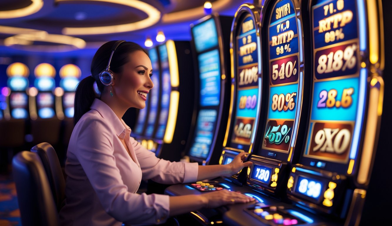 Seorang pemain sedang bermain mesin slot di kasino dengan suasana modern dan lampu berwarna-warni.