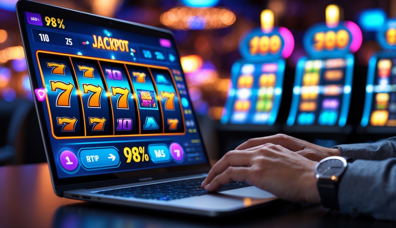 Seorang pengguna sedang bermain slot online di laptop dengan tampilan mesin slot berwarna cerah dan indikator jackpot di layar.