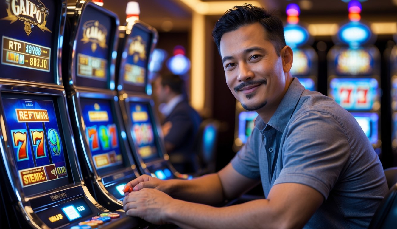 Seorang pria dewasa duduk di depan mesin slot di kasino modern dengan ekspresi fokus dan percaya diri.