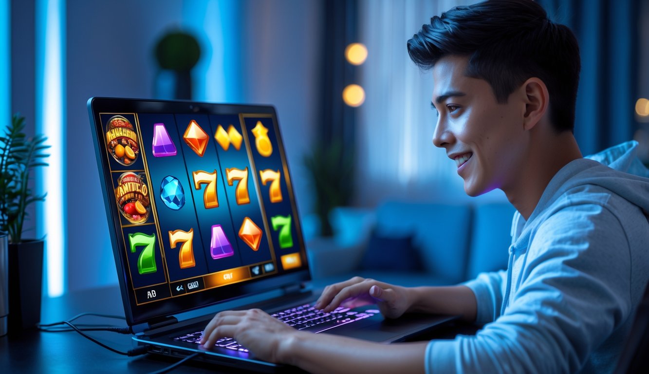 Seorang pria muda fokus bermain permainan slot online di laptop di ruangan modern dengan pencahayaan cerah.