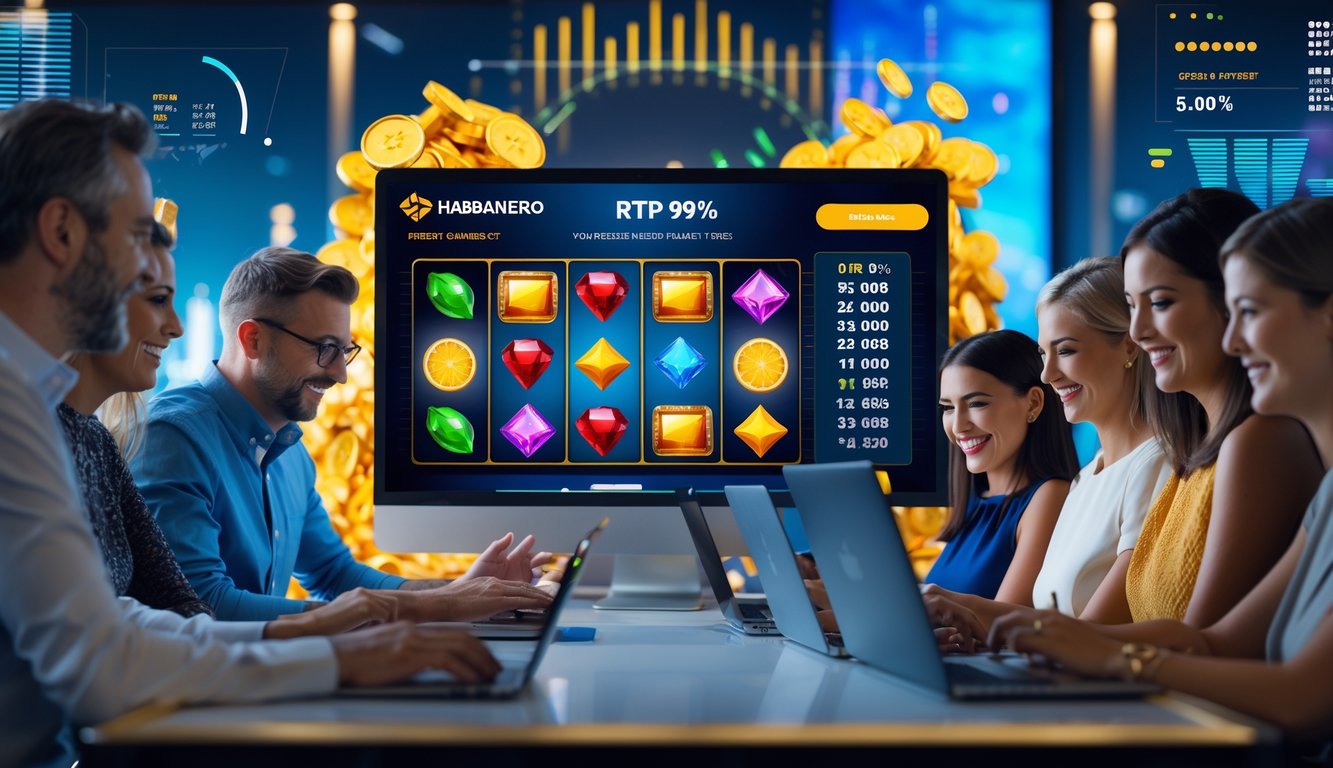 Beberapa orang dewasa menggunakan perangkat digital untuk bermain permainan slot Habanero dengan tampilan layar yang menampilkan gulungan slot berwarna-warni dan grafik performa.