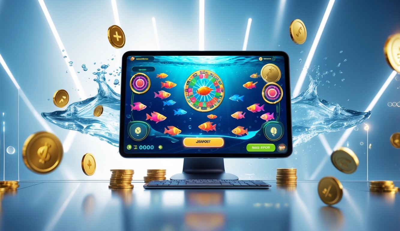 Layar perangkat menampilkan permainan tembak ikan dengan grafik ikan berwarna-warni dan indikator jackpot, dikelilingi simbol koin digital dan ikon pulsa.