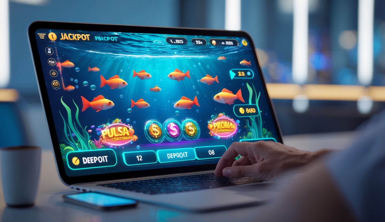Seorang pemain menggunakan perangkat digital dengan tampilan permainan tembak ikan berwarna-warni dan indikator jackpot di layar.