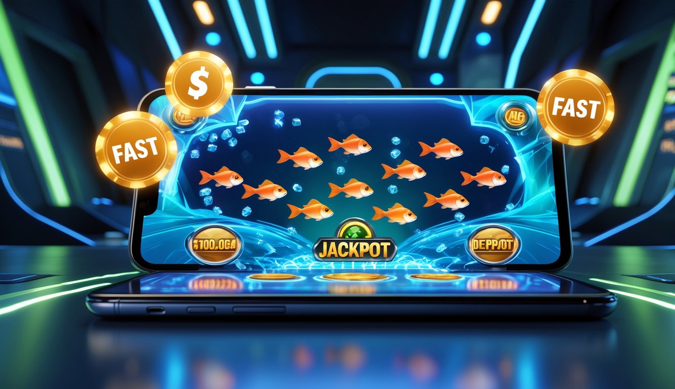 Layar komputer atau ponsel menampilkan permainan tembak ikan online dengan ikan berwarna-warni dan ikon jackpot, di lingkungan gaming modern dengan pencahayaan biru dan hijau.
