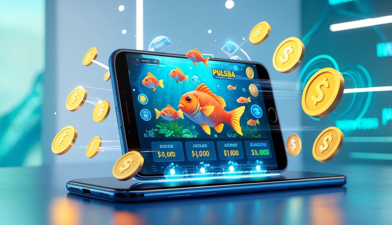 Layar perangkat digital menampilkan permainan tembak ikan dengan grafik ikan berwarna-warni dan ikon jackpot, dikelilingi simbol transaksi cepat di latar belakang biru kehijauan.