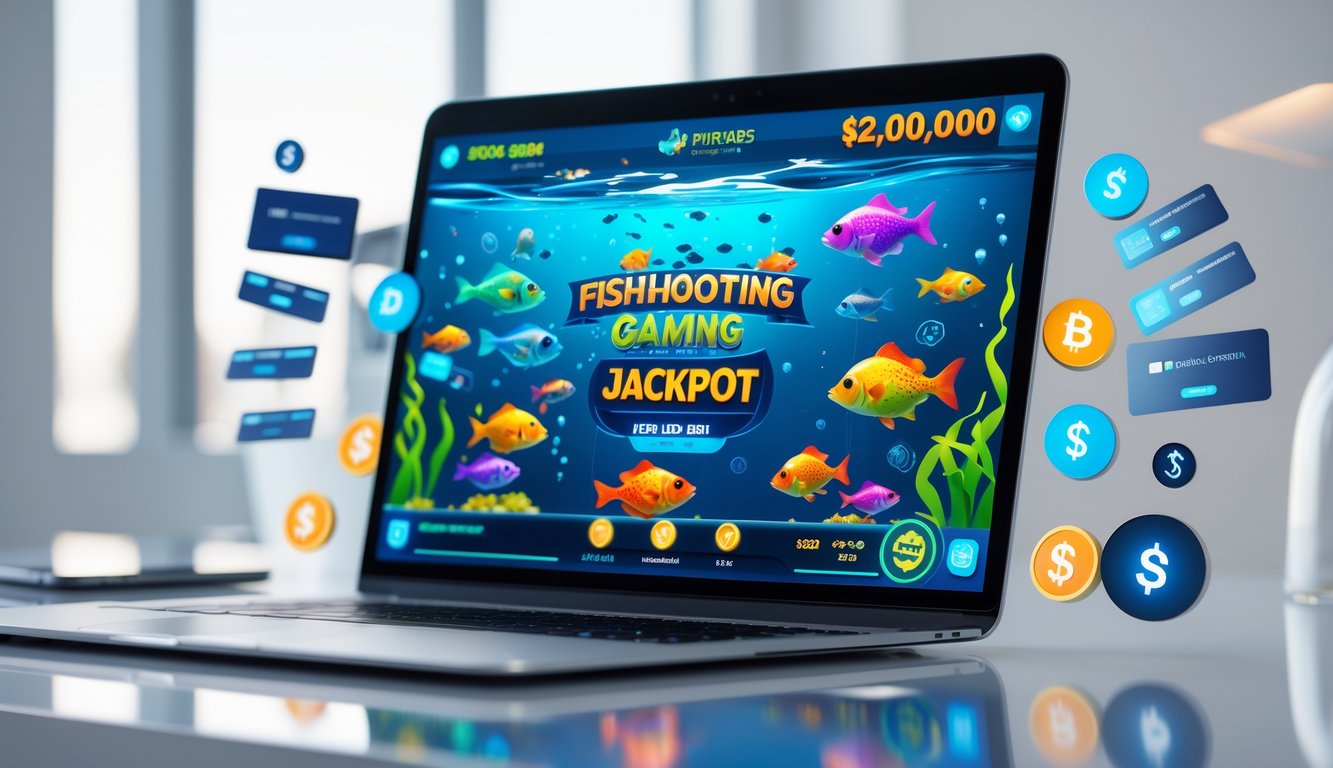 Seseorang sedang bermain permainan tembak ikan jackpot di layar perangkat digital dengan latar belakang grafis ikan berwarna-warni dan ikon transaksi digital.