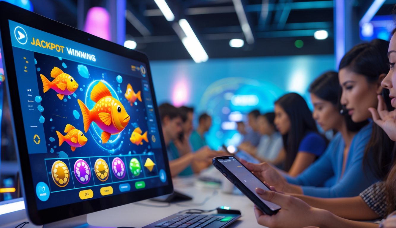 Orang-orang menggunakan perangkat digital untuk bermain game tembak ikan dengan jackpot besar di lingkungan modern.