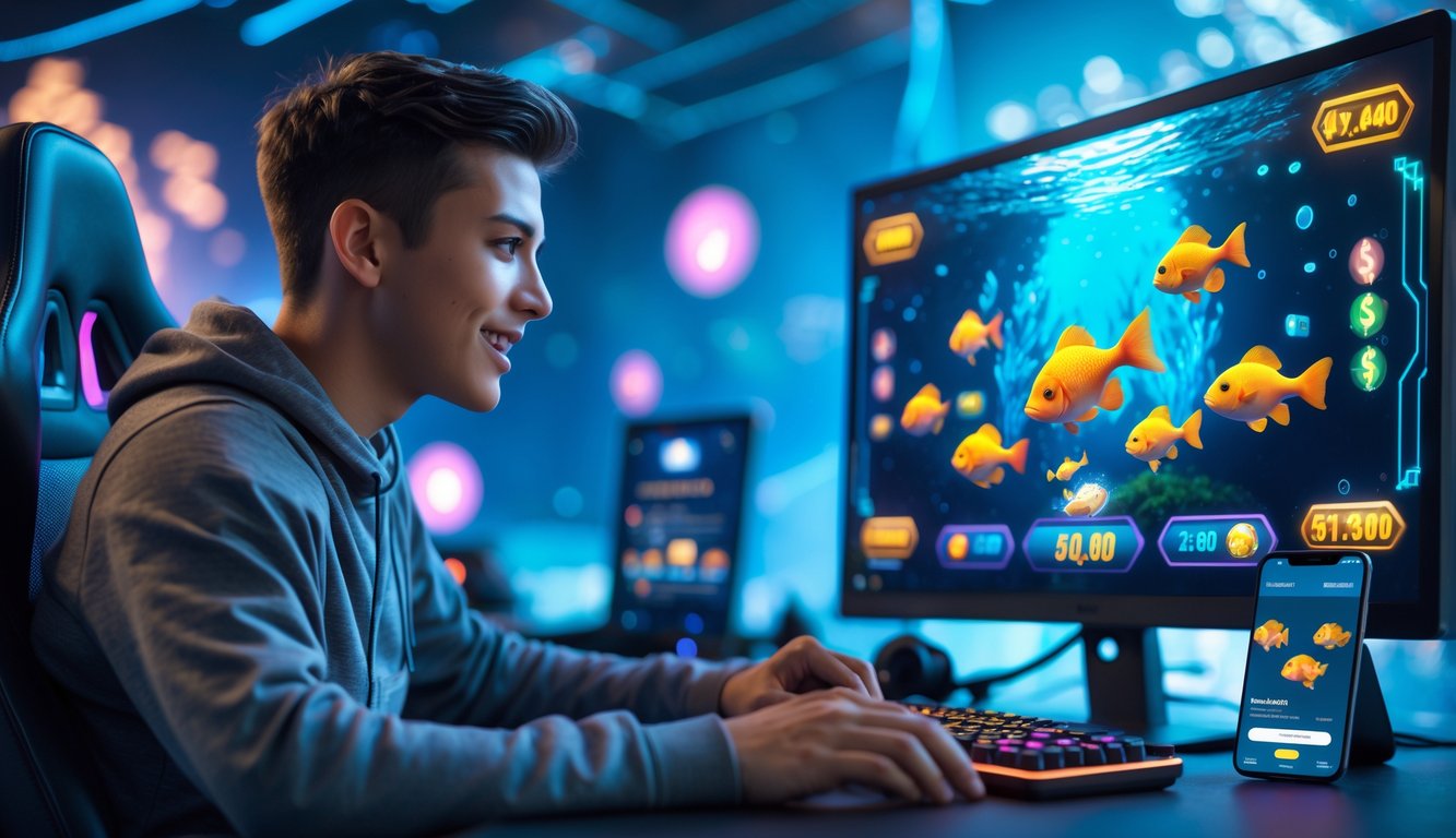 Seorang pria muda duduk di depan komputer dengan layar menampilkan permainan tembak ikan, di meja terlihat ponsel dengan aplikasi pembayaran.