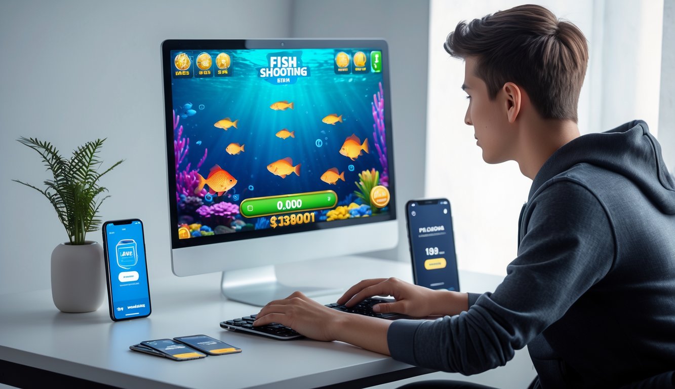 Seorang dewasa muda bermain game tembak ikan di komputer dengan layar menampilkan grafik ikan dan jackpot, di sampingnya terlihat ponsel dengan aplikasi dompet digital.